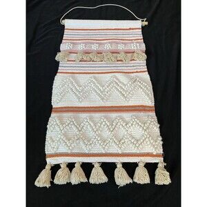 Large BOHO Macrame Wool Wall Hanging Woven Pink Rust Off White Tapestry 33” X 18